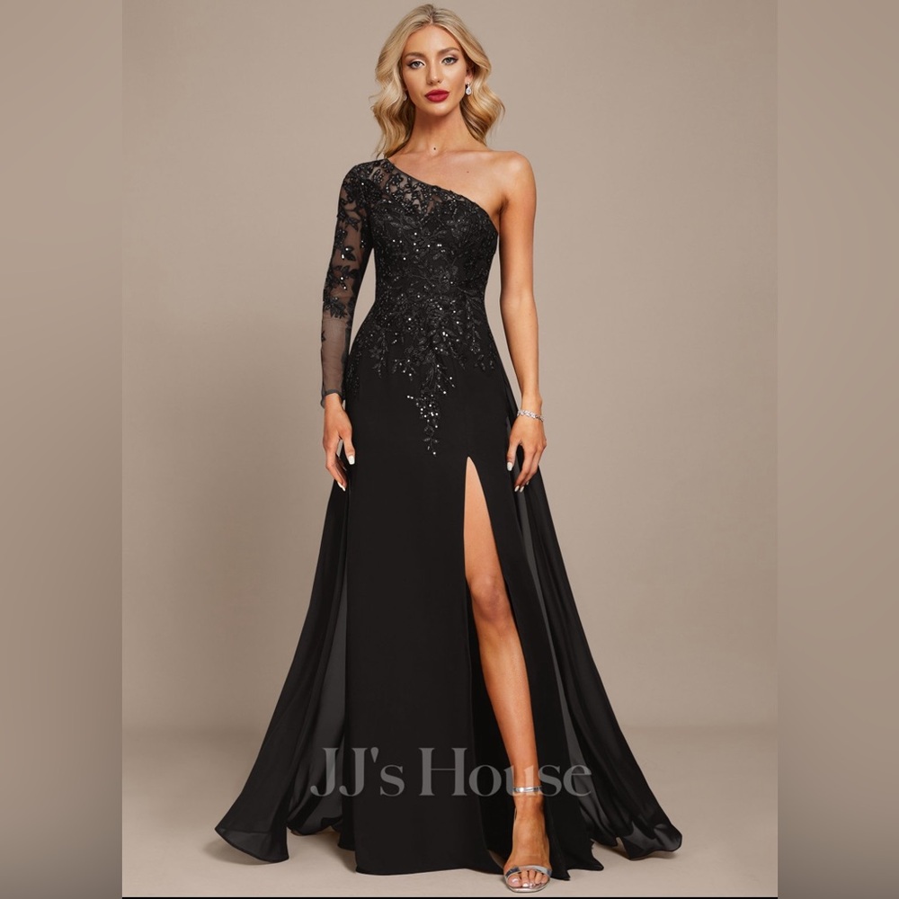 JJ House Black One Shoulder Floor Length Chiffon Evening Dress With Sequins